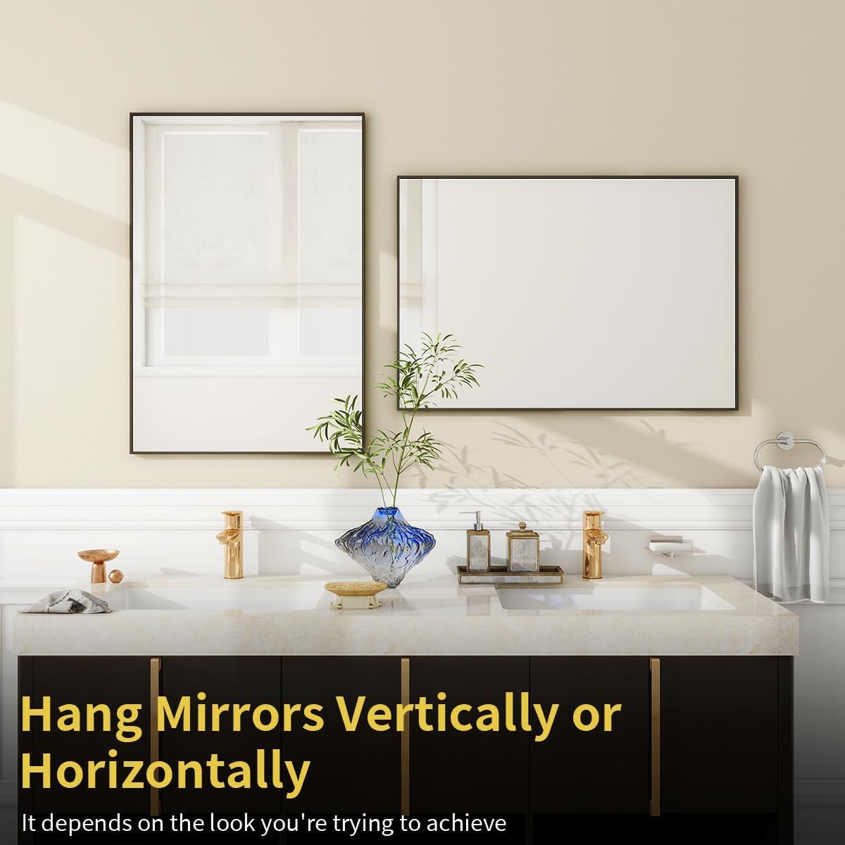 BEAUTYPEAK Black Bathroom Wall Mirror - 26" x 38" Rectangular Mirror with Metal Frame, Hangs Horizontal or Vertical for Living Room Bedroom Bathroom Entryway