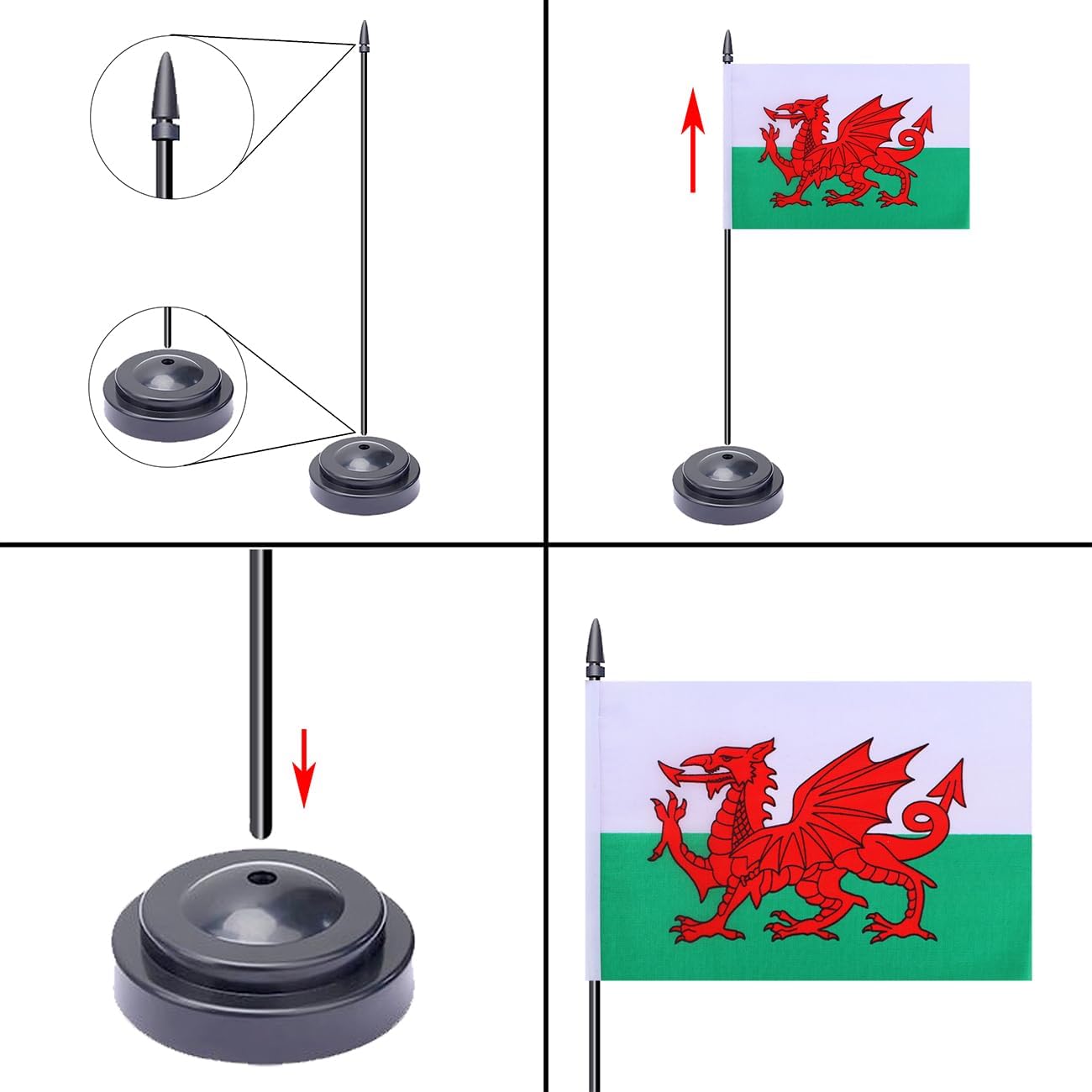 WXTWK 2 Pack Welsh Flag Welsh Deluxe Desk Flag Set - Mini Small Wales Table Office Flags with Black 12" Solid Pole Stand Base Classroom Meeting Desktop Decorations