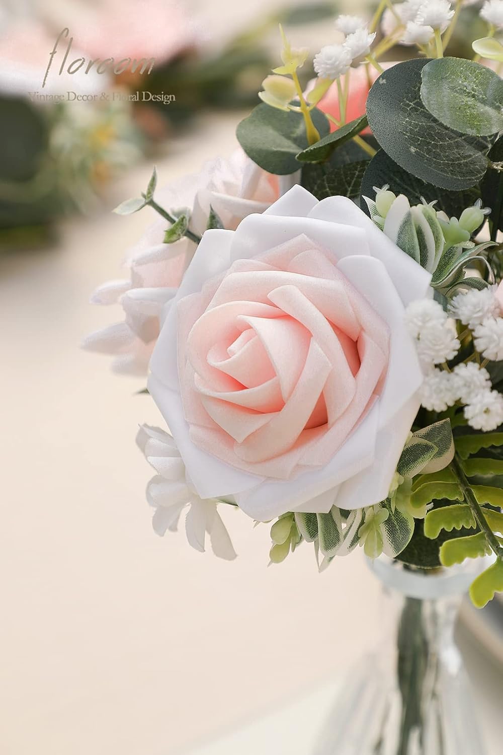 Floroom Artificial Flowers 50pcs Real Looking Blush Shades Foam Fake Roses with Stems for DIY Wedding Bouquets Bridal Shower Pink Centerpieces Floral Arrangements Party Tables Home Decorations