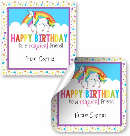 Custom & Personalized Rainbow Unicorn Happy Birthday Gift Tag Sticker Labels, 24 2.5" Square Stickers by Amanda Creation