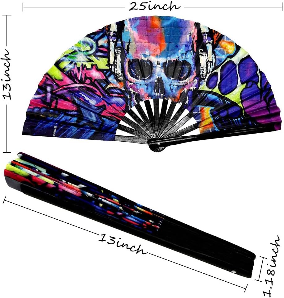 2 Pack Large Folding Rave Fan for Women/Men Holographic Festival Bamboo Clack Hand Fan Decorative Accessories for EDM, Music Festival, Event, Party, Dance, Performance,Halloween (Style-2)