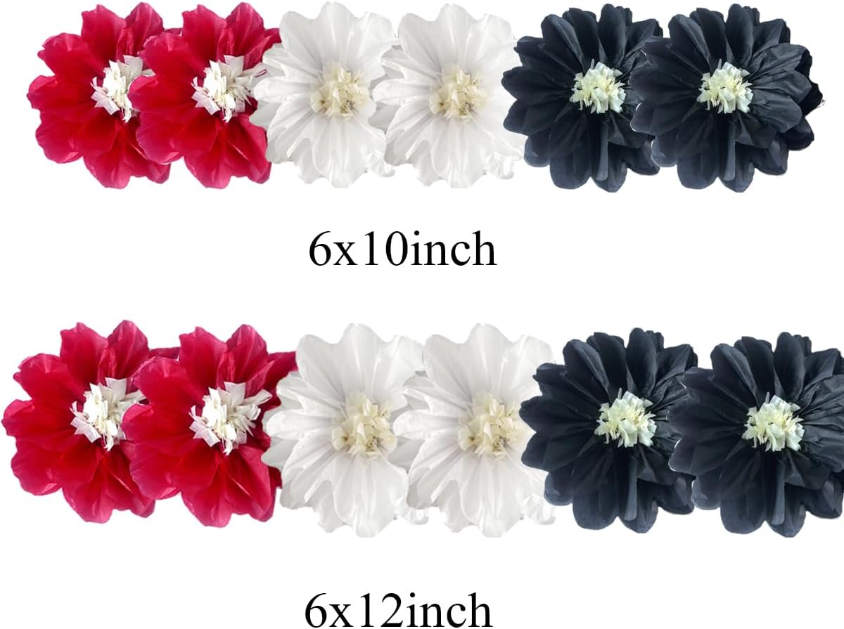 12pcs 10in 12in Paper Pom Poms Hanging Paper Flowers Wall Backdrop Wedding Party Flower Decorations DIY Art Craft Blooms for Birthday Baby Shower Decor White Red Black