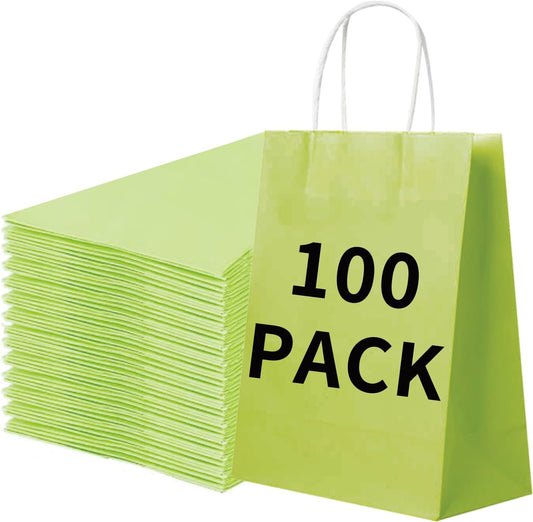 BAG BOX 100 Pack 5.9 * 3.2 * 8.3 Inch Green Gift Bags with Handles,Bulk Kraft Paper Bags for Shopping, Retail, Merchandise, Wedding, Party Favors, Paper Grocery Sacks