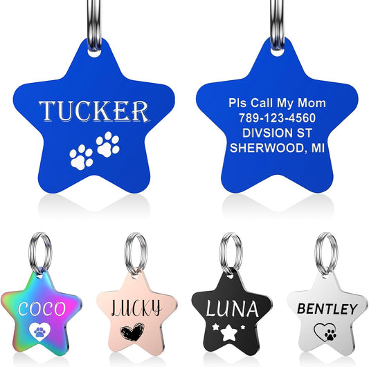 Dog Tags Engraved for Pets - YEHANTI Personalized Dog Tags with Lovely Icons, Durable Stainless Steel Pet ID Tags for Small Large Dogs Cats, Custom Dog Name Tags Engraved on Both Sides (Star)