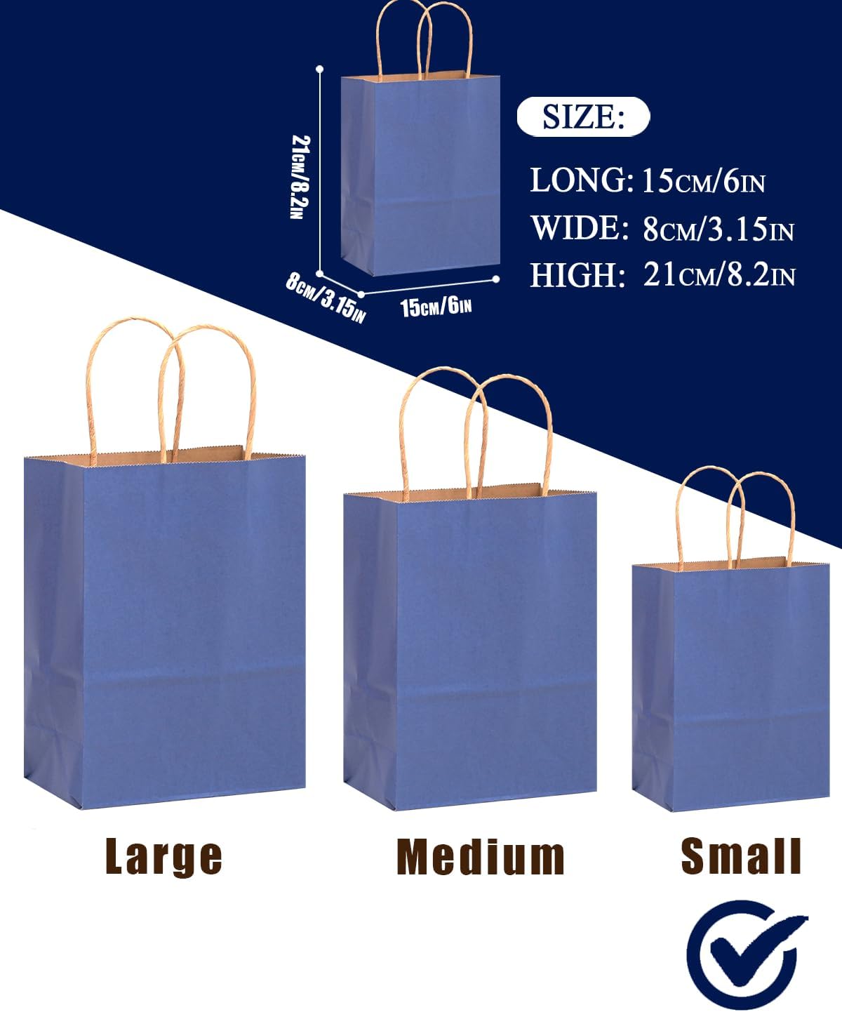 qiqee 50-Packs Gift Bag with Handles Bulk Kraft Deep Blue Paper Bags Multiple Uses (8.3"x3"x6"inch Small Size)