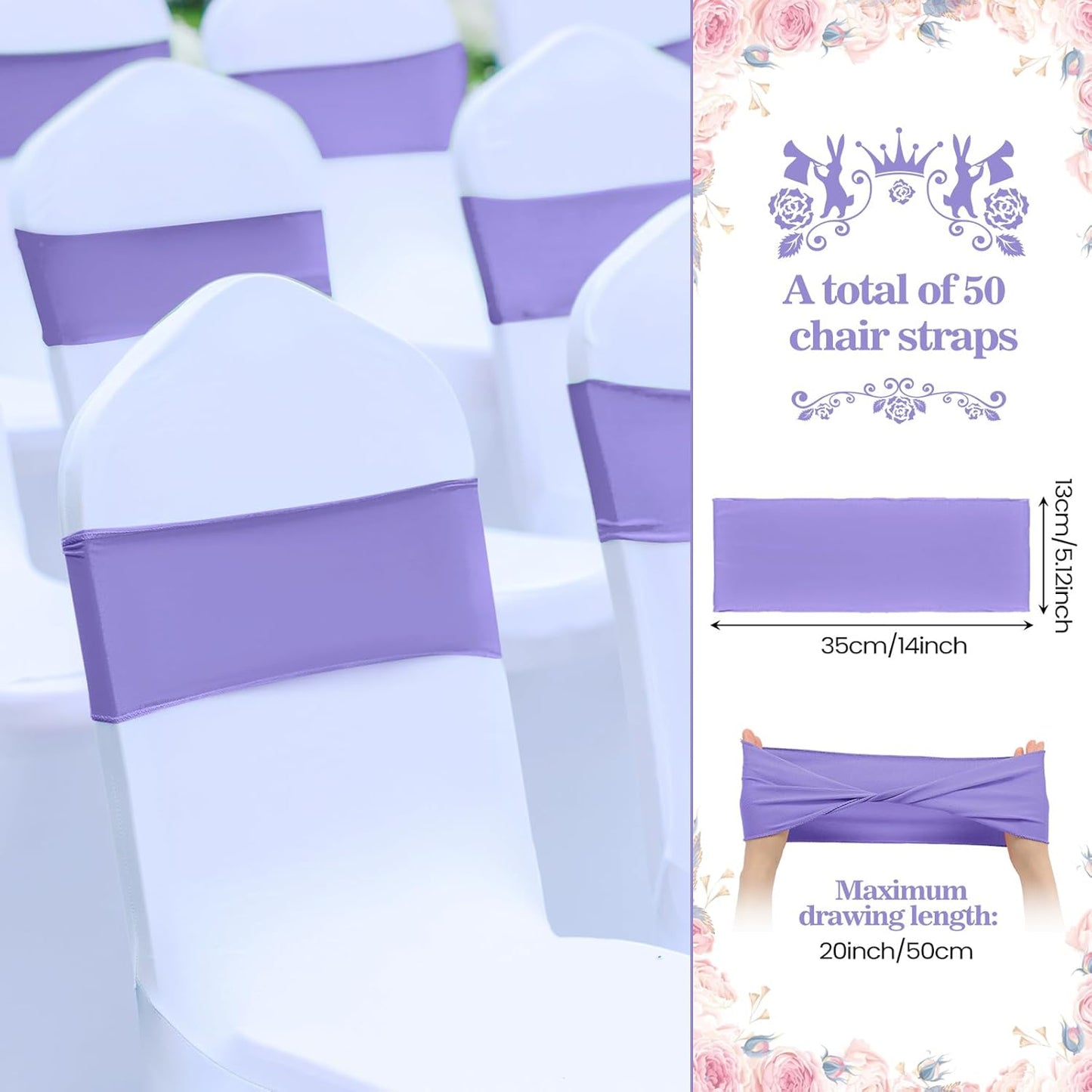 Kinlop 50 Pcs Spandex Chair Sashes Bows Chair Bands Slider Sashes for Covers Elastic Bands Ties Without Buckle Decorations for Wedding Party Events Ceremony Birthday(Light Purple)