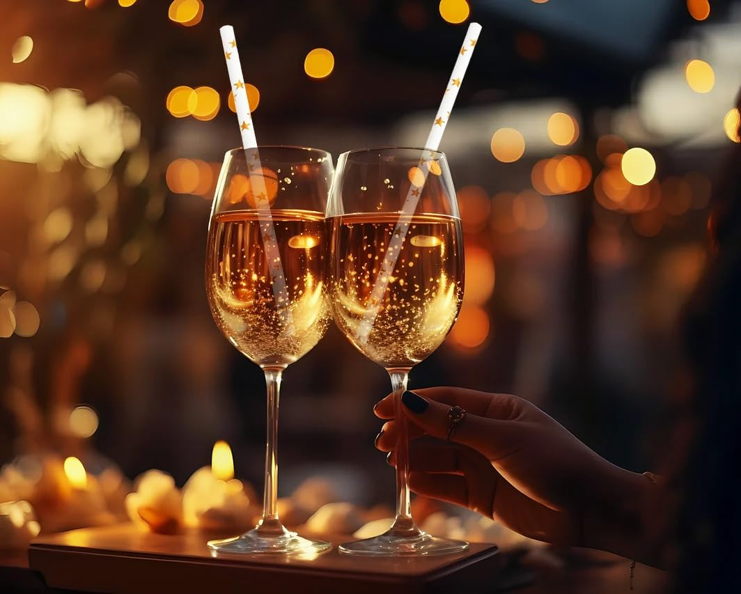 Paper Straws Disposable, Cocktail Metallic Gold Star Straws Drinking Biodegradable Straws for Holiday, Party, Wedding - 100 Count，7.75 Inch