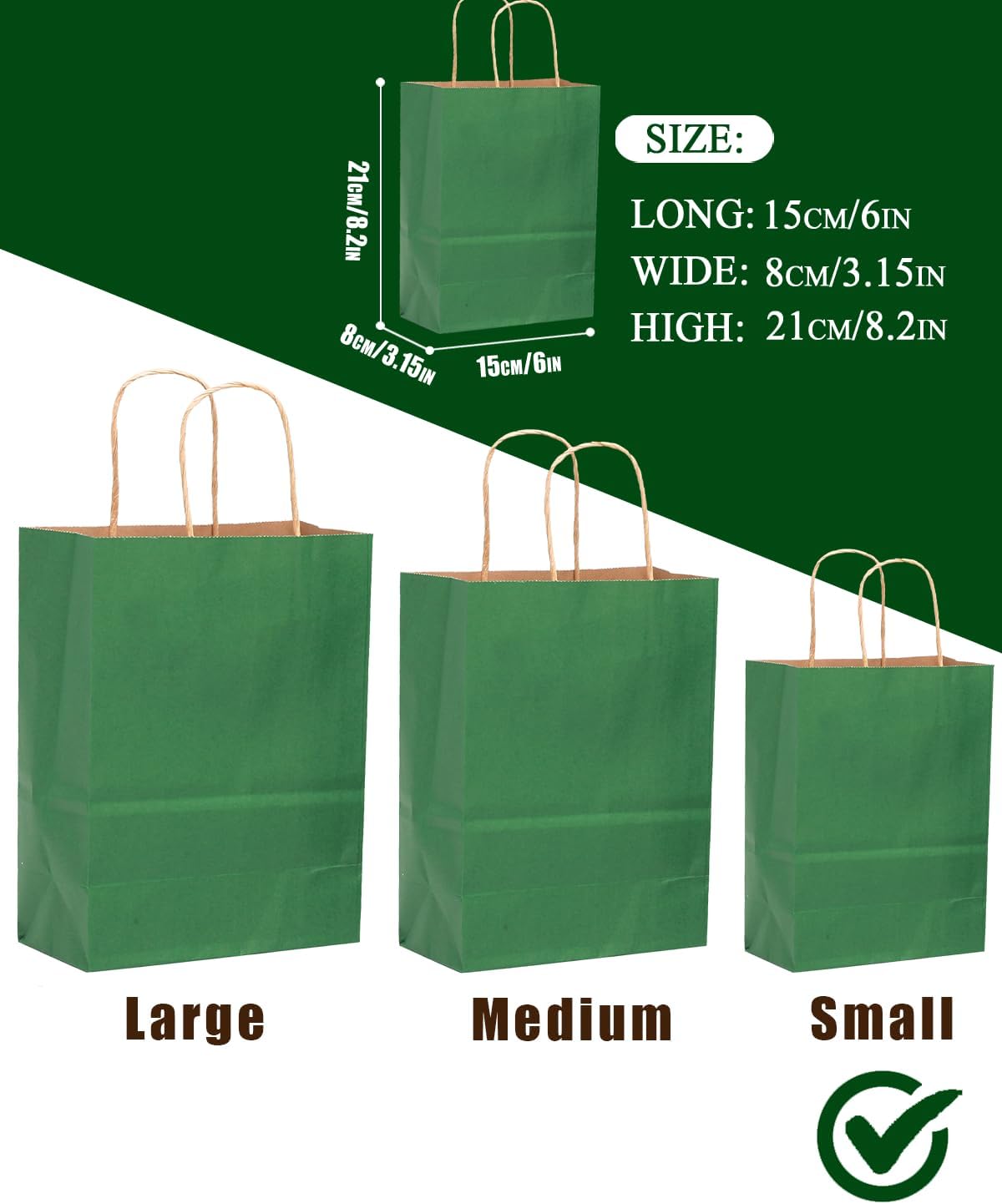qiqee 50-Packs Gift Bag with Handles Bulk Kraft Deep Green Paper Bags Multiple Uses (8.3"x3"x6"inch Small Size)