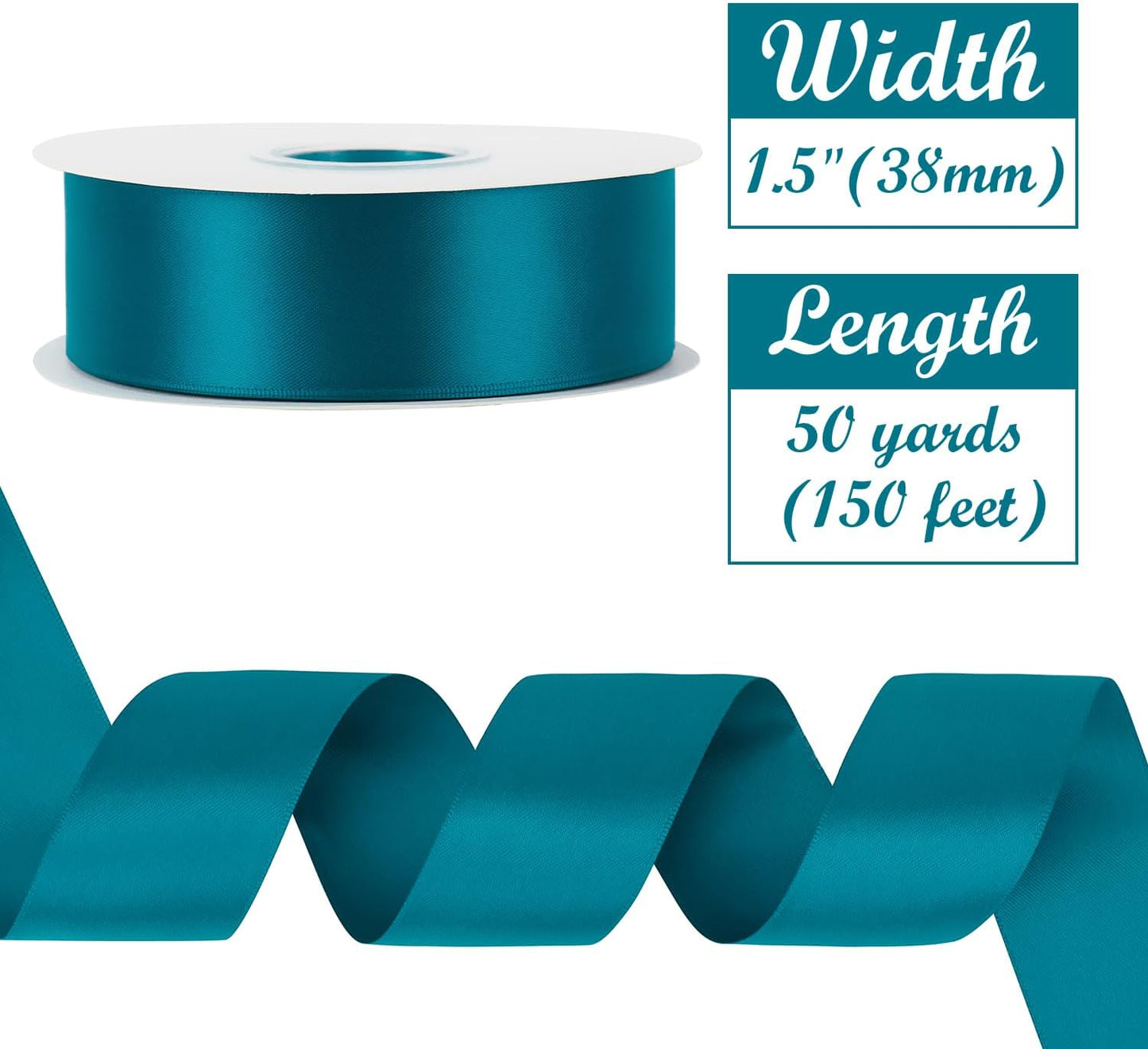 HUIHUANG Peacock Blue Ribbon 1-1/2 inch x 50 Yards Peacock Double-Faced Satin Ribbon for Christmas Gift Wrapping Crafts Bows Holiday Home Decor Wedding Decoration Flower Bouquets