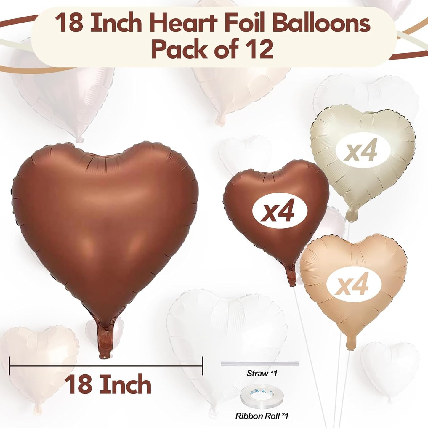 Cream Brown Heart Balloons, 12Pcs Brown Apricot Foil Balloons, Beige Coffee Foil Heart Shape Mylar Balloon 18 Inch Nude Neutral Helium Mylar Balloon for Boho Birthday Baby Shower Wedding Valentine