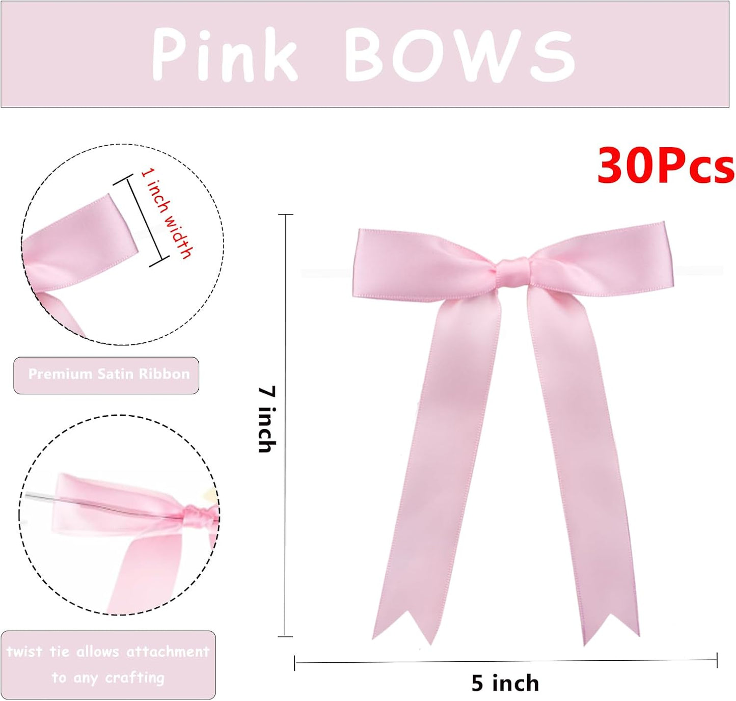 30Pcs Satin Ribbon Pink Bows 5x7 Inch Twist Tie Bow for Gift Wrapping Champagne Bottle Cake Treat Bag Craft DIY Gift Christmas Birthday Party Balloons & Garland Home Decor