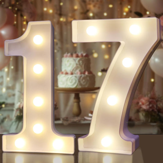 Pooqla Decorative LED Light Up Number Letters, White Plastic Marquee Number Lights Sign for Wedding Decor, Battery Operated (17)