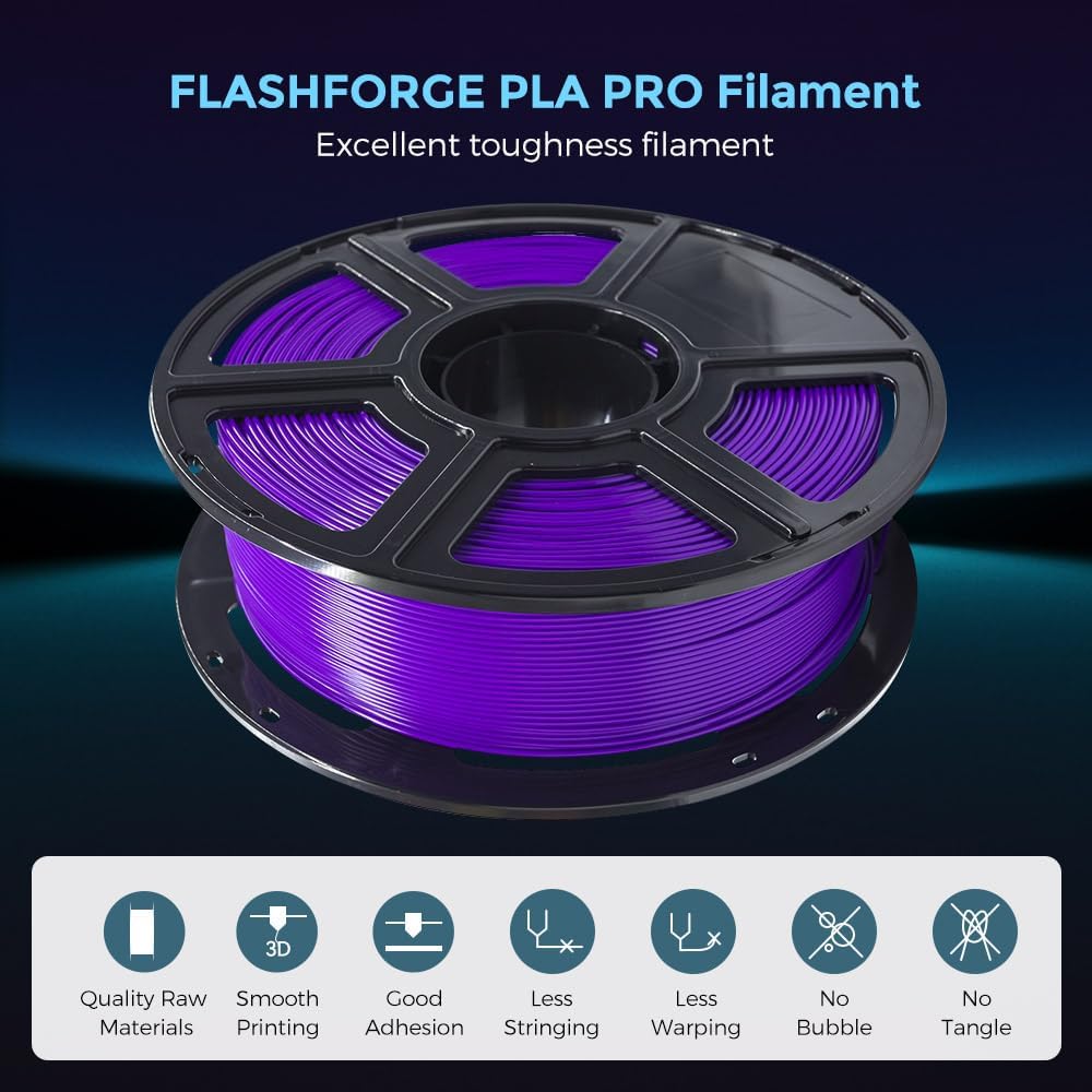 FLASHFORGE 3D Printer Filament, PLA PRO Filament 1.75mm, 1KG Spool (2.2lbs), Dimensional Accuracy +/- 0.02mm for FDM 3D Printers, Better Tenacity & No Knotting (Purple)