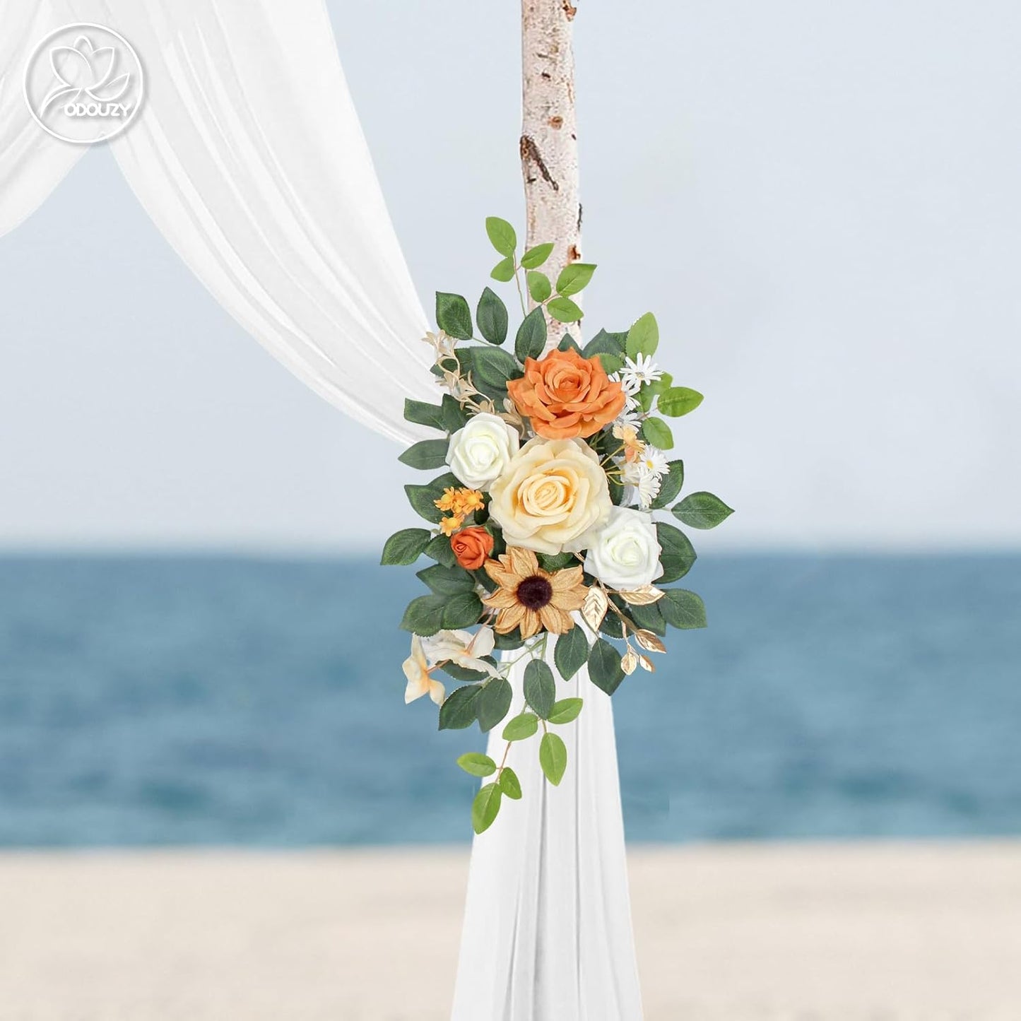 Wedding Arch Flowers Kit,Artificial Flower Arch Decor (Set of 3),2pcs Artificial Flower Arrangement with 1pc Sheer Drape for Wedding Decor Reception Backdrop Floral Decorations (Coffee Orange)