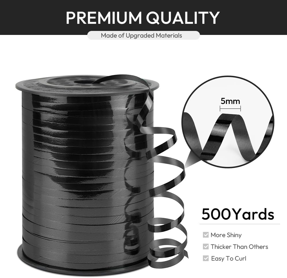 Black Curling Ribbon, 1/5" Wide x 500 Yards Christmas Curling Ribbons for Gift Wrapping, Party Decoration, Balloon String, Hair, Ribbons for Florist Flower (1 Roll)