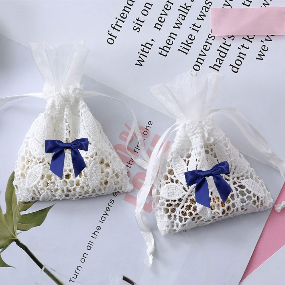 2.5" Hgzgch Dark Blue Satin Ribbon Bow for Gift Wrapping, Premade Bows for Crafts, Cake, Party Favors, Handmade Bows with Double-Sided Tape, Self Adhesive Bows for Presents, Treats, Christmas - 50pcs