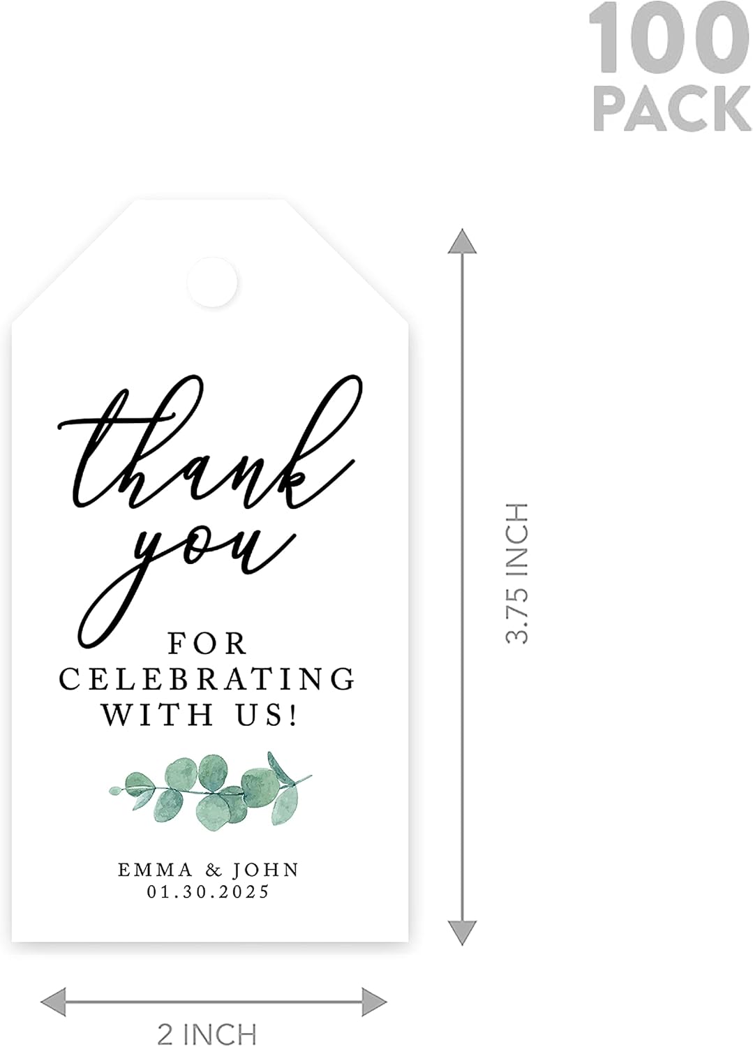 Andaz Press 100-Pack Personalized Thank You for Celebrating with Us Wedding Favor Tags with Bakers Twine Minimal Eucalyptus Leaf Custom Cardstock Wedding Gift Tags for Party Favors 2 x 3.75-Inches