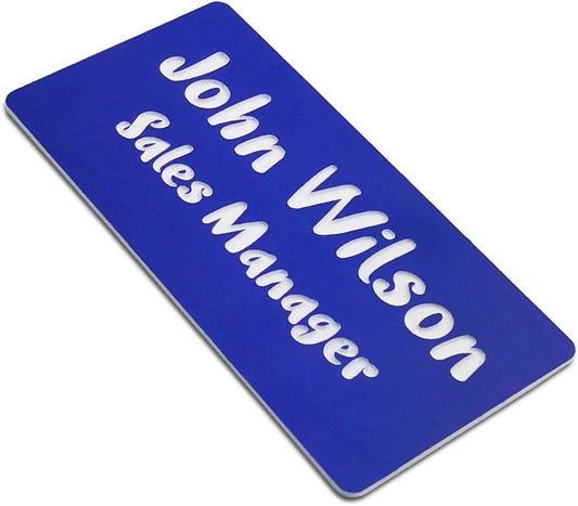 Custom Engraved Name Tag Badges for Business, Personalized Identification with Pin, Magnetic, Adhesive, or Blank Backing, 1.5"x3", Blue/White Text
