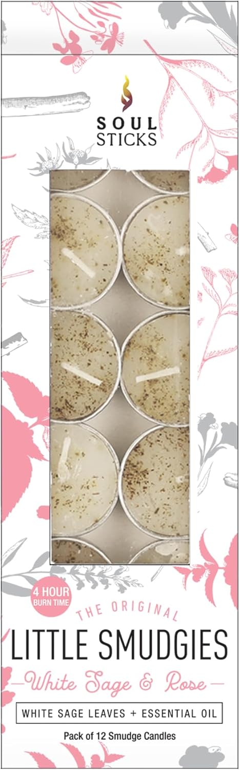 SOUL STICKS 12 Pack Little Smudgies Tealight Candles Smudge Candle for Cleansing House, Meditation, Chakra Healing | Made with Crystals and Herbs (White Sage & Rose)