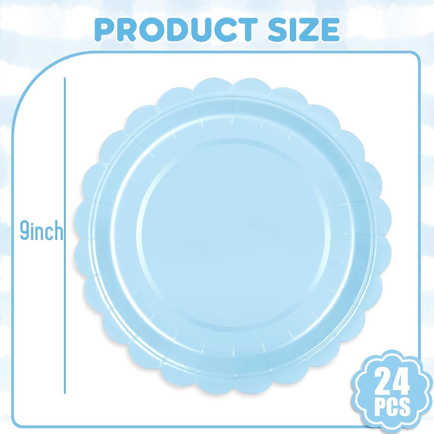 24 Pcs Light Blue Paper Plates 9 Inch Scalloped Dessert Plates - Disposable Light Blue Cake Plate - Baby Shower Birthday Party Wedding Bridal Party Supplies