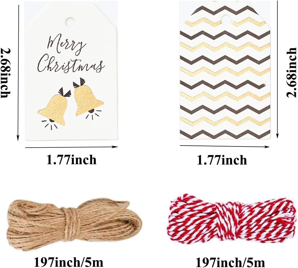 100 Pack Fashion Christmas Gift Tags， Xmas Fashion Gift Tags with Jute Twine Baker Twine for DIY Xmas Holiday Present Wrap Stamp and Label Package Name Card