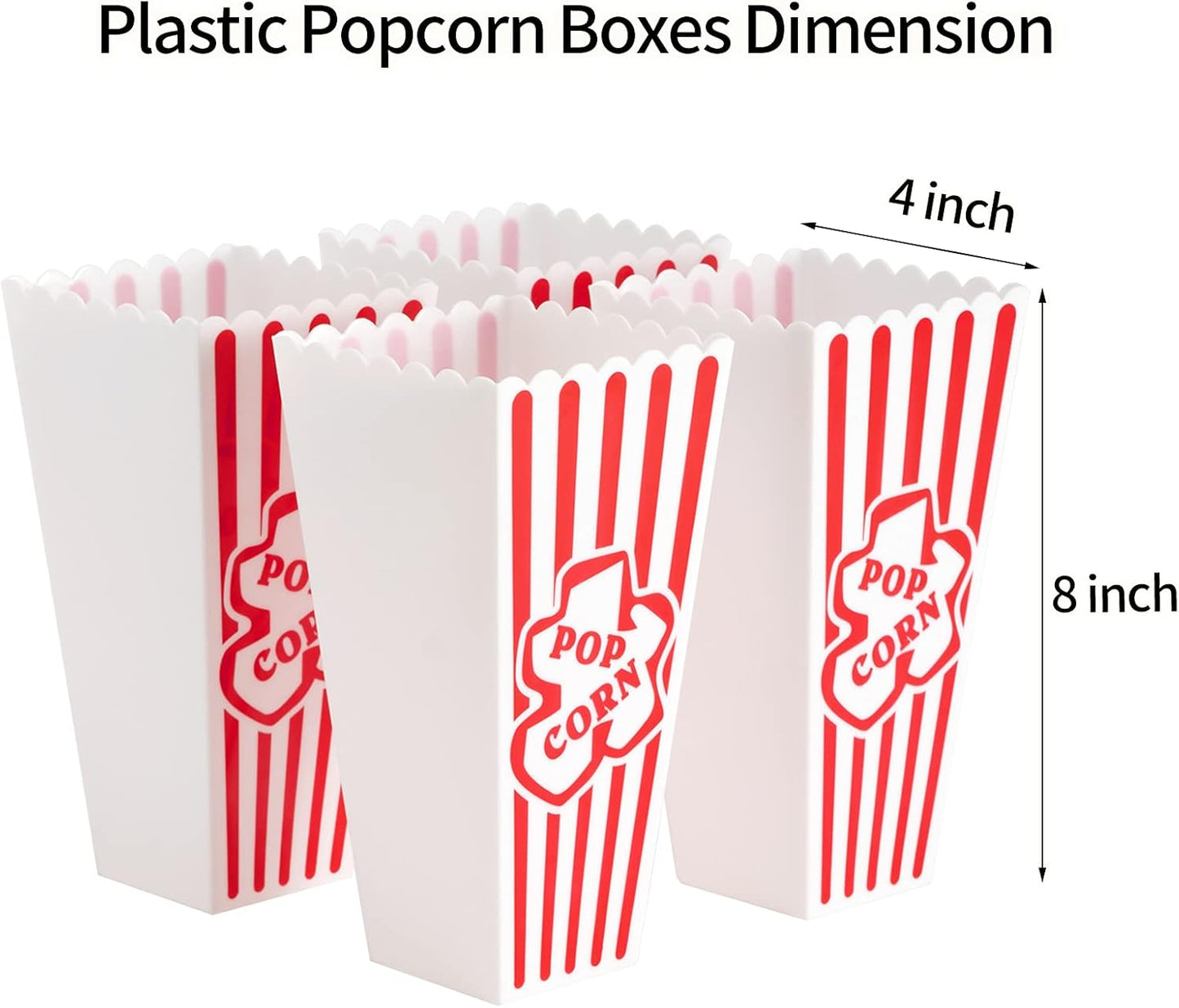 Plastic Popcorn Containers Red & White Striped Retro Style Reusable Popcorn Boxes for Movie Night 4”x8” - 6 Pack