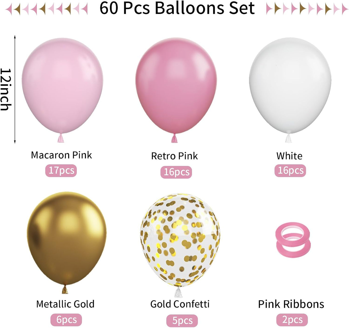 FunHot Pink and Gold Balloons, 60Pcs Retro Pink White Balloons, 12 Inch Metallic Gold Confetti Balloons Helium Light Pink Latex Party Balloons for Girls Baby Shower Birthday Princess Party Decorations