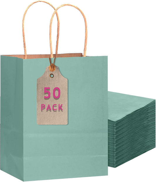 qiqee 50-Packs Kraft Light Blue Paper Gift Bags with Handles Bulk 11"x8.3"x4.3" Medium Size Paper Bags Multiple Uses