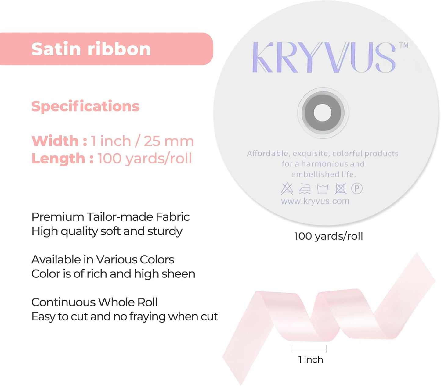 Baby Pink Satin Ribbon 1 inch X Continuous 100 Yards, Single Face Polyester Ribbon Perfect for Gift Wrapping, Flower Bouquet, Wedding Decor, Crafts, Bow Making, Sewing and More