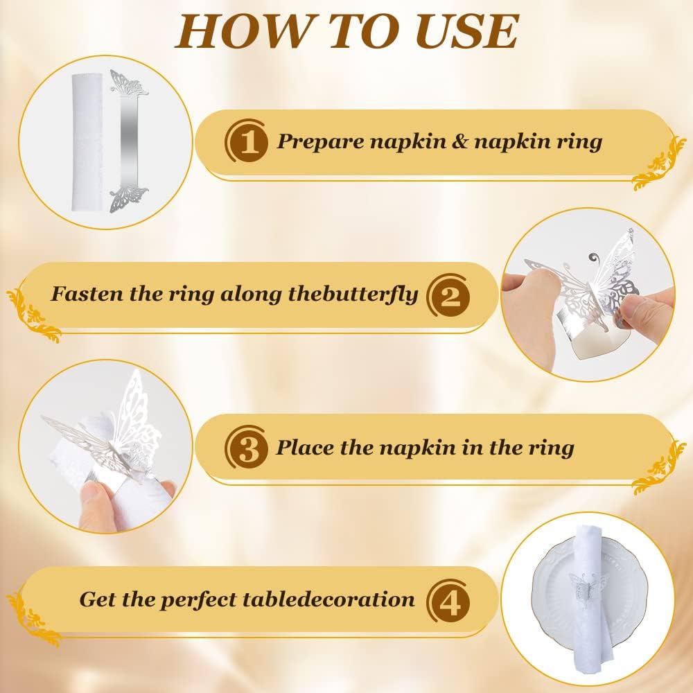 150PCS Butterfly Napkin Rings for Luxury Banquet Style, Reusable Paper Napkin Holders for Wedding Banquet Dinner Table Decor, and Catering Party Services (Silver)