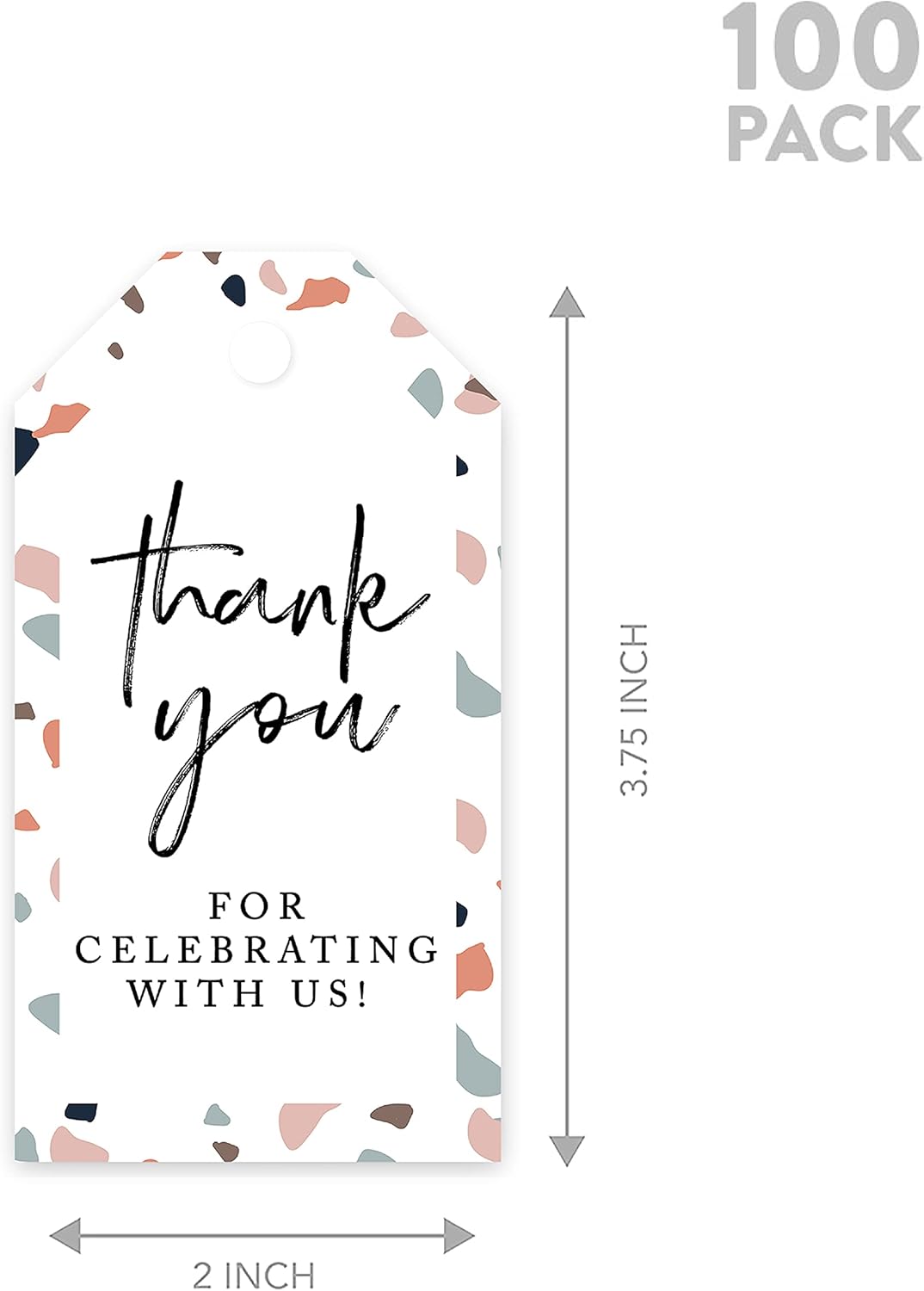 Andaz Press 100-Pack Thank You for Celebrating with Us Favor Tags Terrazzo Cardstock Gift Tags with Bakers Twine for Wedding Baby Shower Bridal Shower Birthday Party Favors 2 x 3.75-Inches