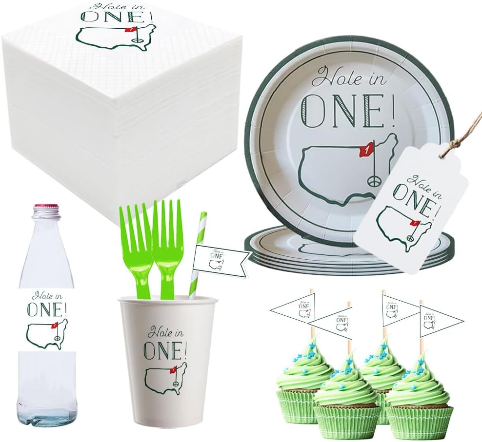 Hole in One Golf Party Decorations, 480-Piece Set with Cocktail Napkins, Plates, Cups, Bottle Labels, Toothpick Flags, Straws, Gift Tags, and Forks for Golf Birthday and 1st Hole in One Parties