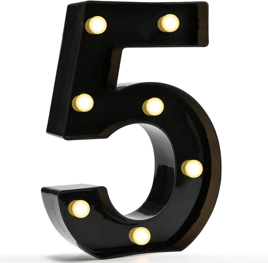 Pooqla Decorative Led Light Up Number Letters, Black Plastic Marquee Number Lights Sign for 5th 15th 50th Birthday Party Wedding Decor Battery Operated Black Number 5