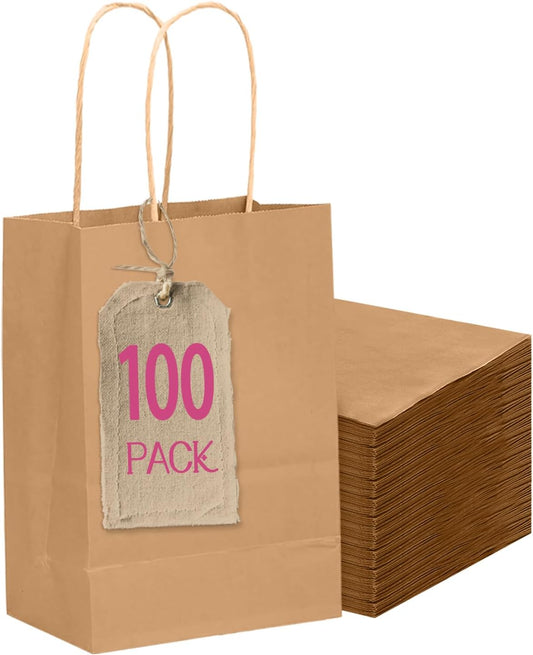 qiqee 100-Packs Brown Paper Gift Bags with Handles Bulk 4.5"×2.5"×6" Mini Size Gift Bags Multiple Uses