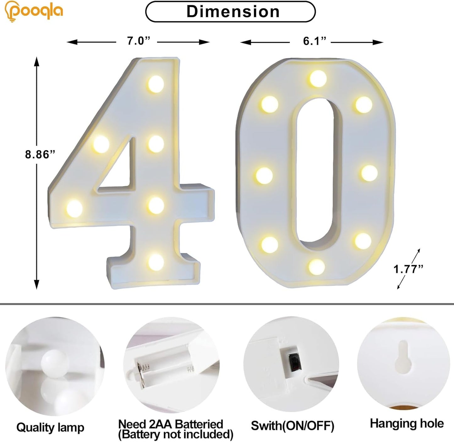 Pooqla 40th Birthday Decorations for Her Him, 35 Colors LED Light Up Numbers with Remote, Multicolor Marquee Numbers 40 Sign for Party Wedding Anniversary Decor 40th Birthday Gift, Number 40