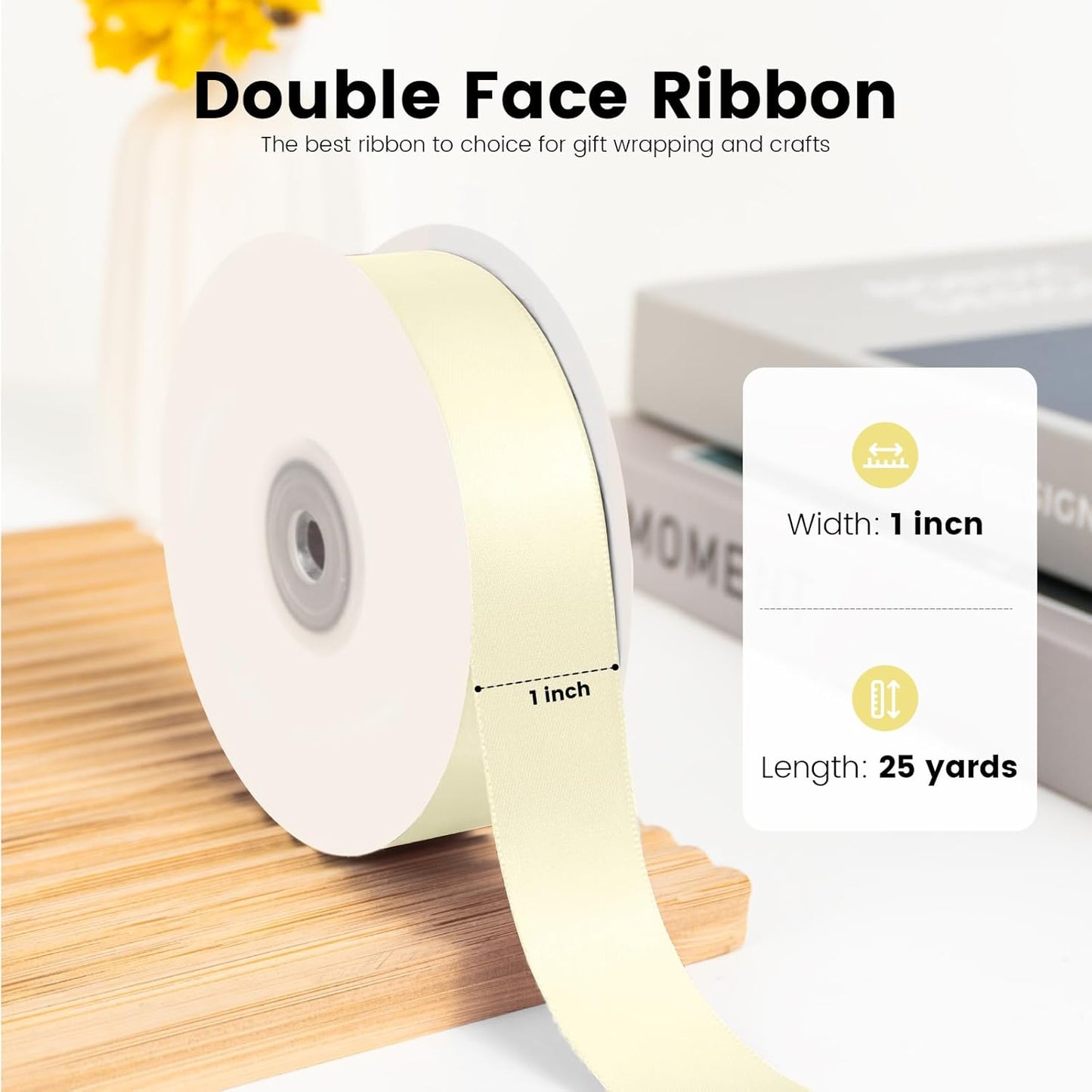 KMER LIFE 1 inch x 25 Yards Double Faced Polyester Ivory Satin Ribbon, Perfect for Gift Wrapping Very Suitable for Weddings Party Hair Bow Invitation Decorations and More