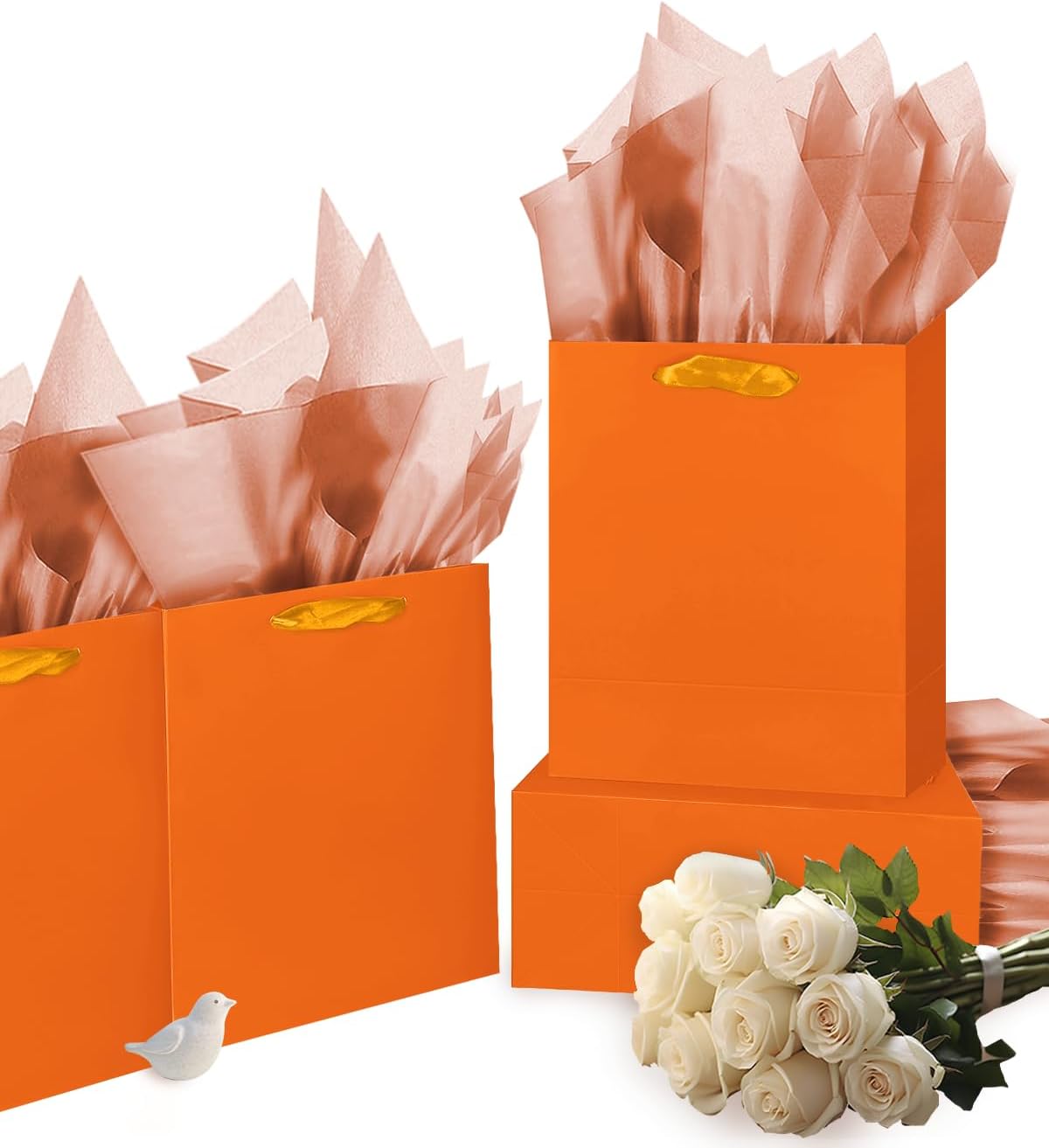 Gcardist Orange Gift Bags with Tissue Paper for Wedding, Birthday, Party Supplies-7.9"x4.3"x9.6" Medium Size Cardboard Gift Bags（16pcs Bags +32pcs Tissue Paper ）
