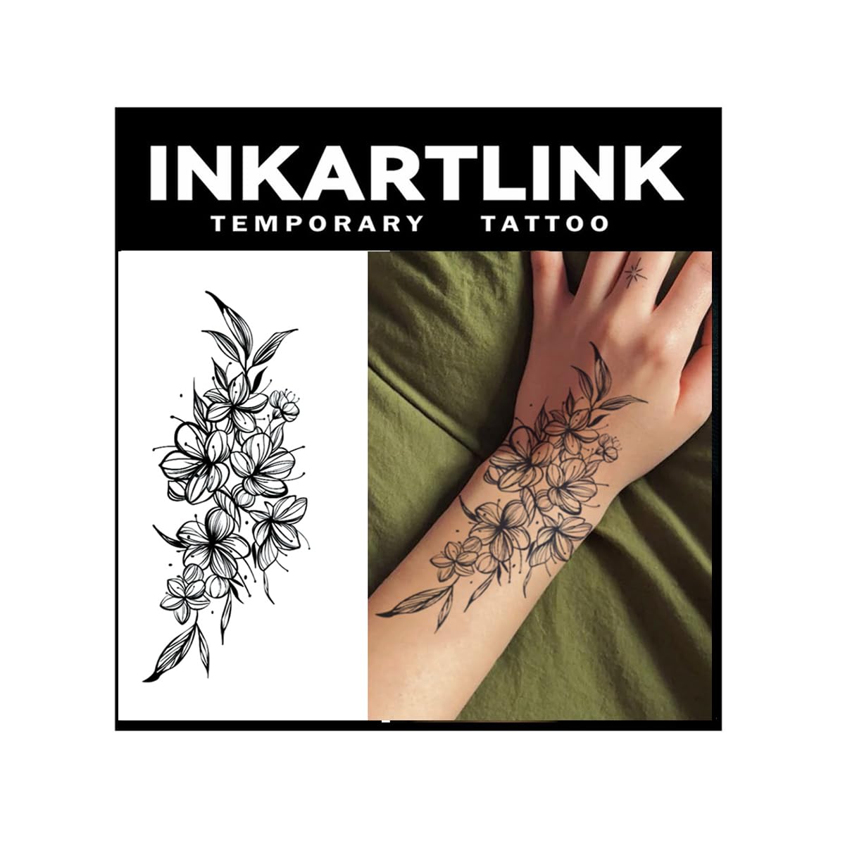 INKARTLINK Tattoo Tech, 2 Sheets Large Semi Permanent Tattoo, Adult Art Design Temporary Tattoos, Lasts 1-2 Weeks, Waterproof, Realistic Look, No Adhesive, No Reflection (Plain Flower Design)