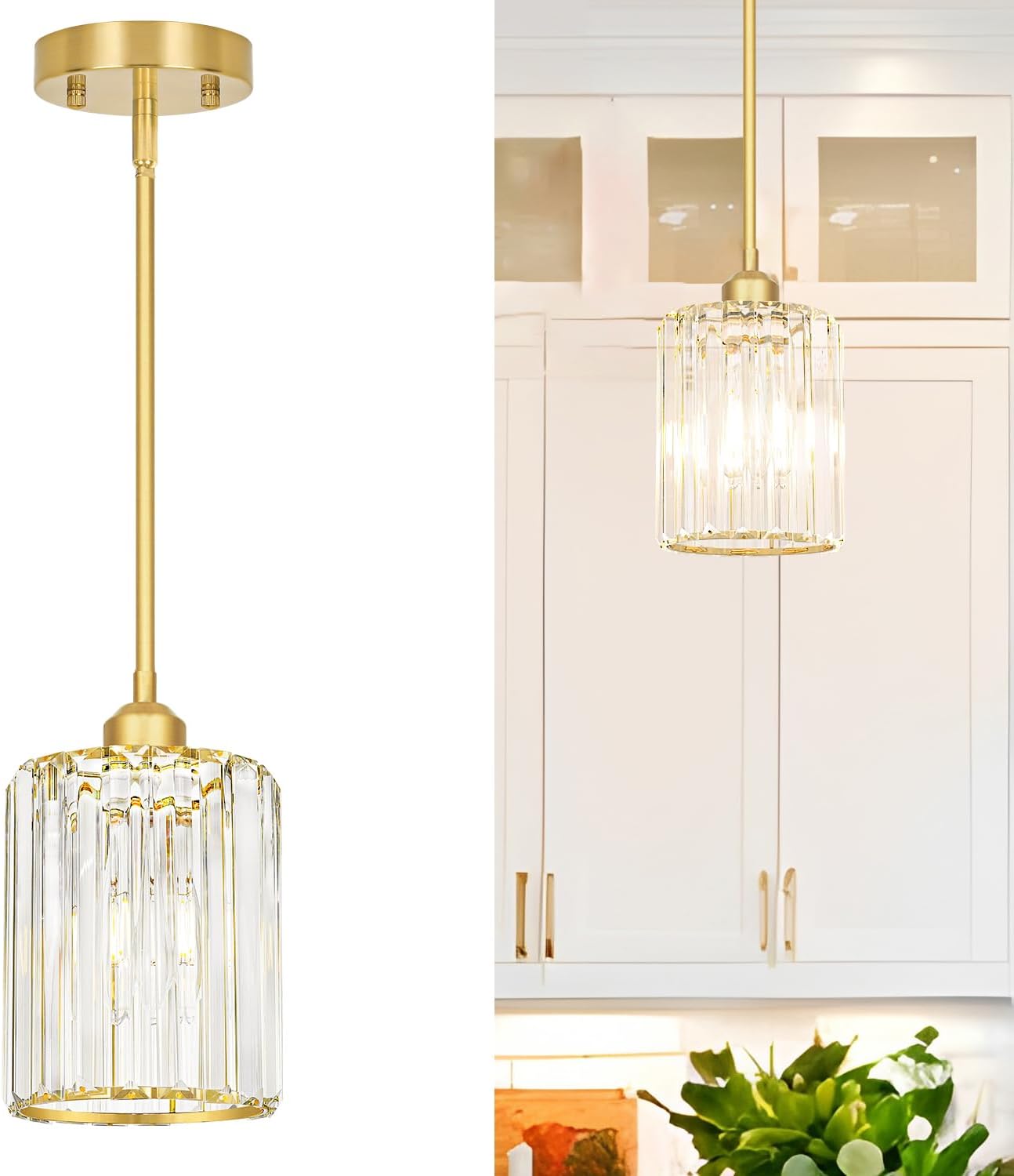 Gold Kitchen Pendant Lights Over Island with Adjustable Rods - Crystal Pendant Lighting Fixtures for Sloped Ceiling, Ideal Over Dining Table or Bar, E26 Bulb Compatible, No Electrician Needed