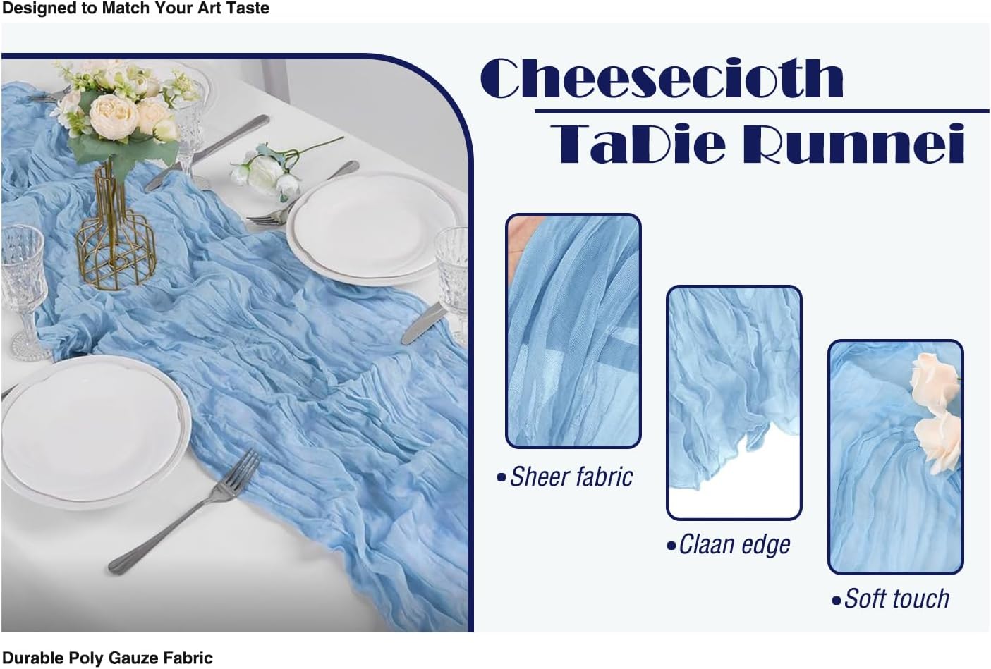 6 Pack Baby Blue Cheesecloth Table Runner 20x120 Inch Boho Wrinkled Sheer Romantic Gauze Decor for Wedding, Bridal Shower, Birthday Party