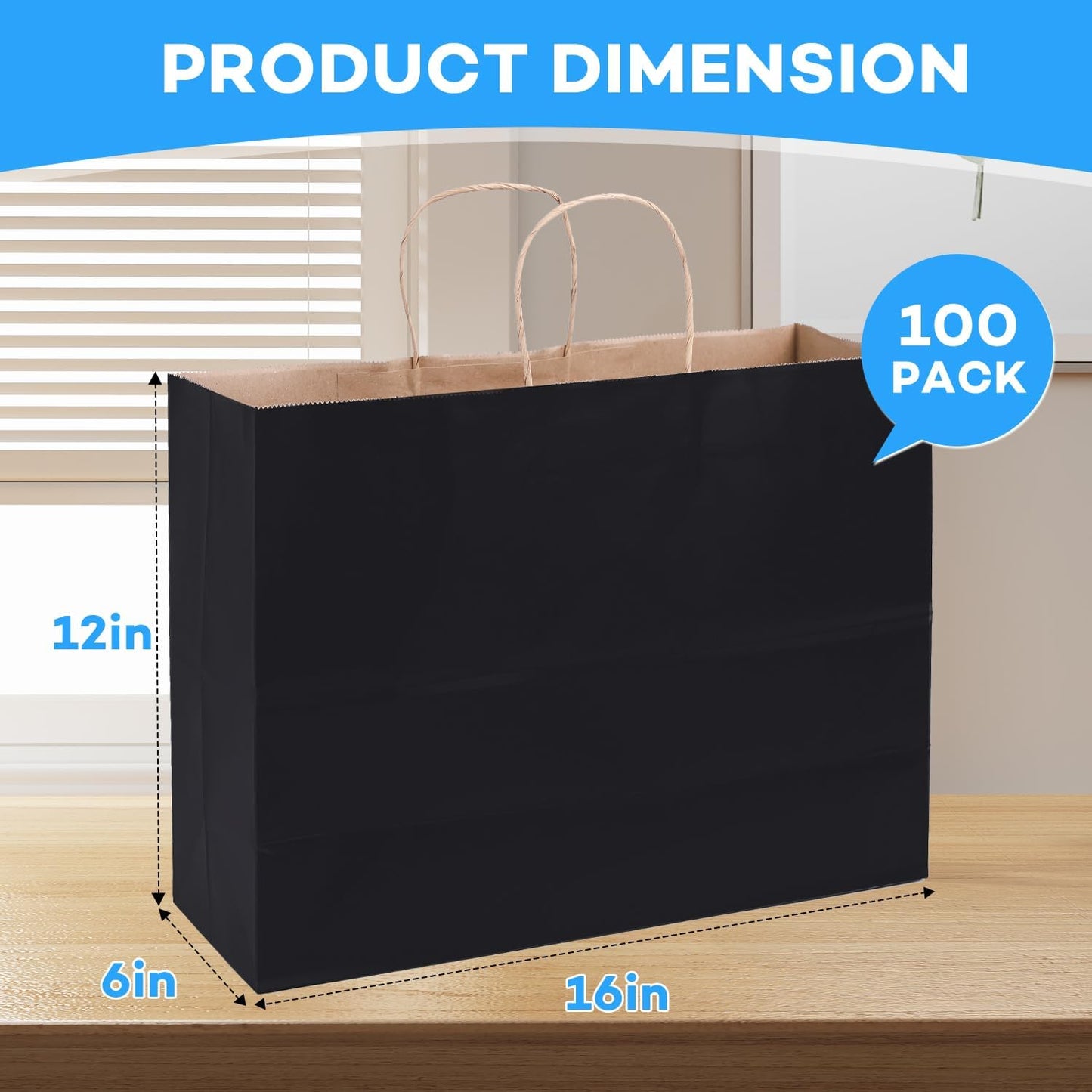 BURVAGY 16x6x12 Inch 100 Pcs Kraft Paper Bags with Handles Bulk, Kraft Shopping Black Large Recycled Gift Paper Bags with Handles for Small Business, Retail,Boutique,Grocery