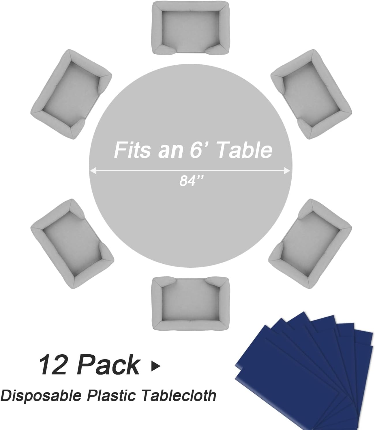 QIKSION Navy Blue Round Tablecloth 12 Pack, 84 Inch Plastic Table Cover Disposable for Parties