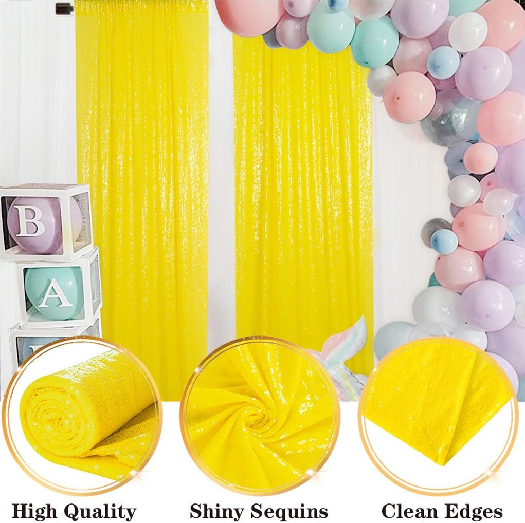 DUOBAO Sequin-Backdrop-Curtains 2 Panels 2FTx7FT Shower Backdrop Curtain Sequin Background Wedding Evening Backdrops Curtains with Rod Pockets Sequins Photo Photography(2FTx7FT, Yellow)
