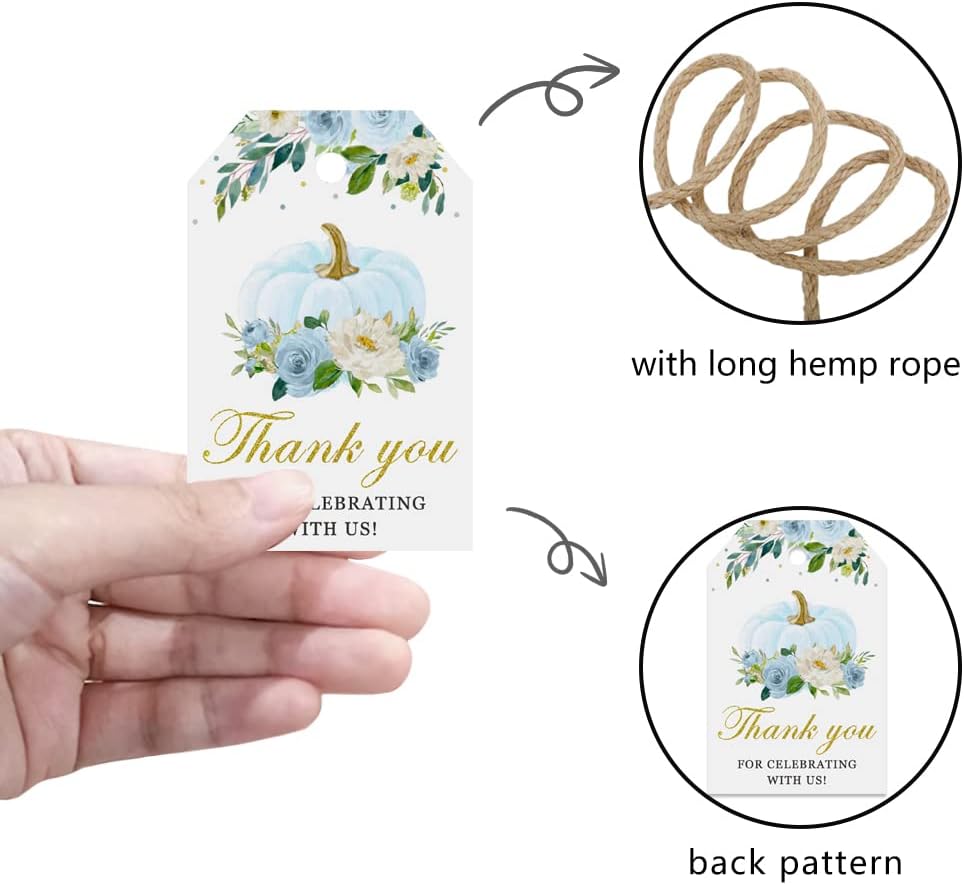 50 Pcs Pumpkin Gift Tags, Fall Theme Gift Tags with String, Thank You for Celebrating with Us Tags for Wedding Thanksgiving Birthday Baby Shower Party Favors (Color Blue)