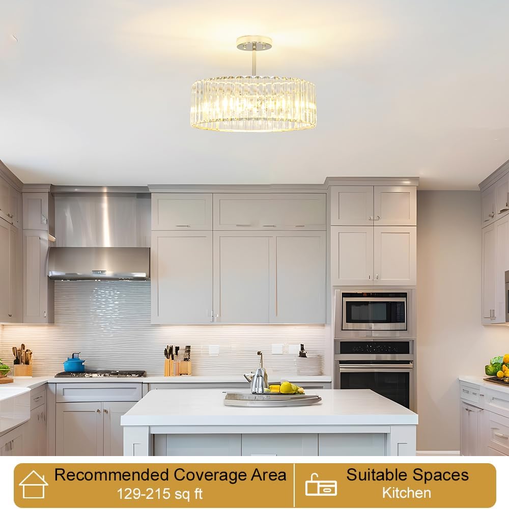 Modern Crystal Ceiling Light Fixture, Semi Flush Mount Ceiling Light, Chrome Hallway Lighting Fixtures Chandelier, Crystal Chandelier for Kitchen Bedroom Dining Room Closet, 5-Light, 16 Inch