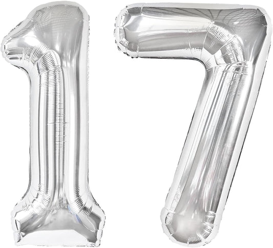 Silver Number 17 Birthday Balloon 40 Inch, Digital Balloons for 17 71 Party Celebration Decorations Supplies, Mylar Foil Numbers Balloon for 17 71 Wedding Anniversary