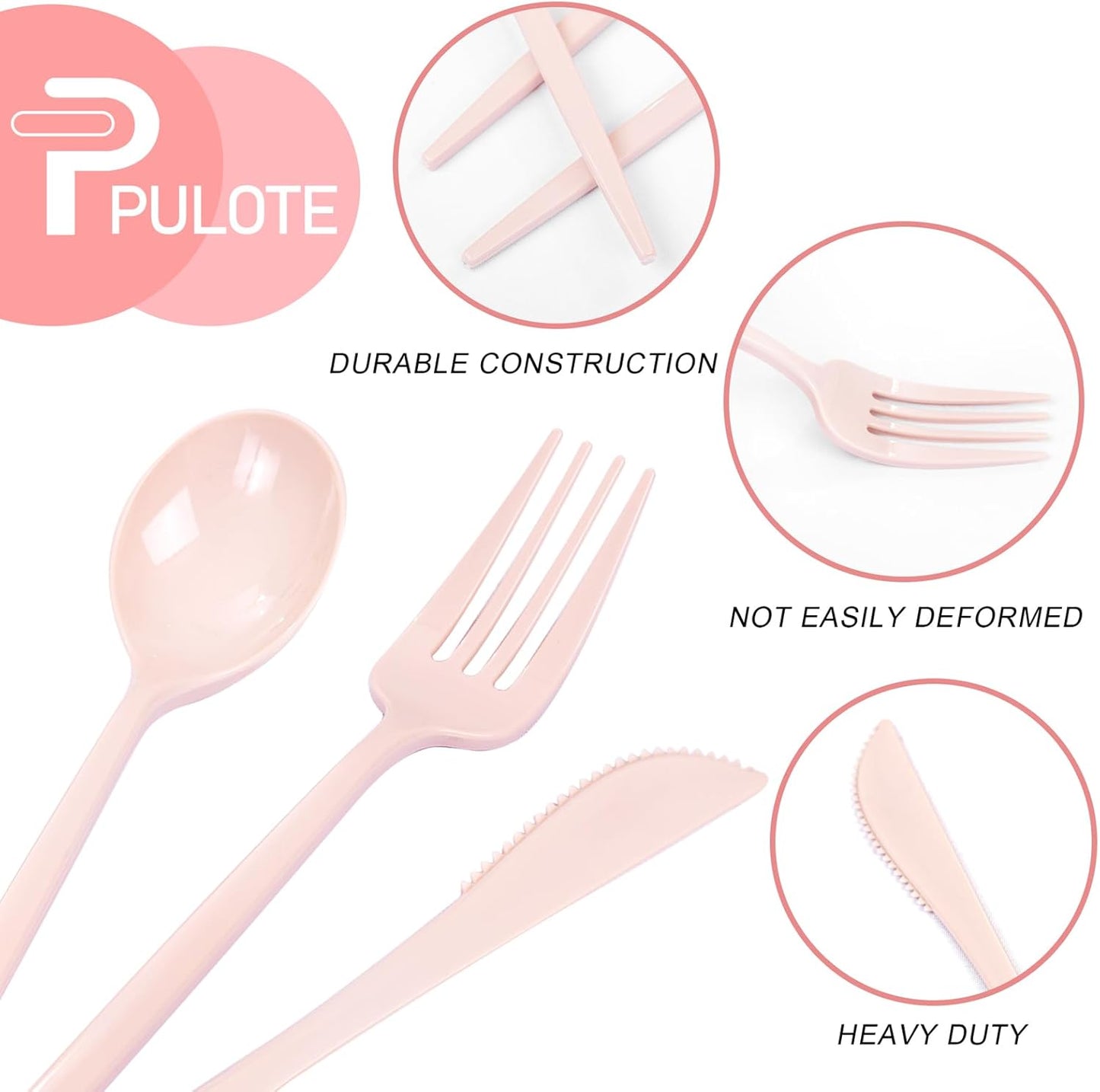 PULOTE 150PCS Pink Plastic Silverware - Plastic Cutlery Heavy Duty - Pink Utensils Set Disposable Include 50 Forks, 50 Spoons, 50 Knives for Wedding, Party & Mother’s Day