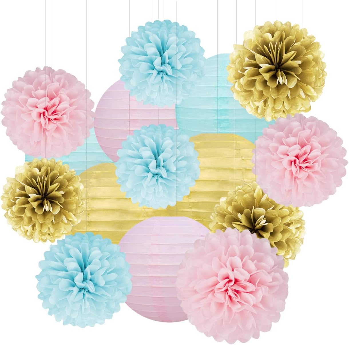 Gender Reveal Decorations Blue Pink - 15pcs Tissue Paper Flowers Pom Poms Lanterns Baby Gender Reveal Party Supplies Gender Reveal Theme Decor Gold Birthday Hanging Decor Ideas