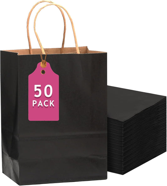 qiqee 50-Packs Black Paper Gift Bags with Handles Bulk 13"x10.3"x4.6" Large Size Party Favor Bags Multiple Uses