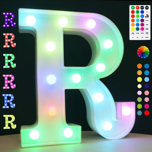 Light Up Colorful LED Marquee Letter lights, 18 Colors Changing Alphabet Letters Sign with Remote Timer for Night Light Girls Bedroom Wedding Birthday Party Lamp Christmas Home Bar Decor- Colorful R
